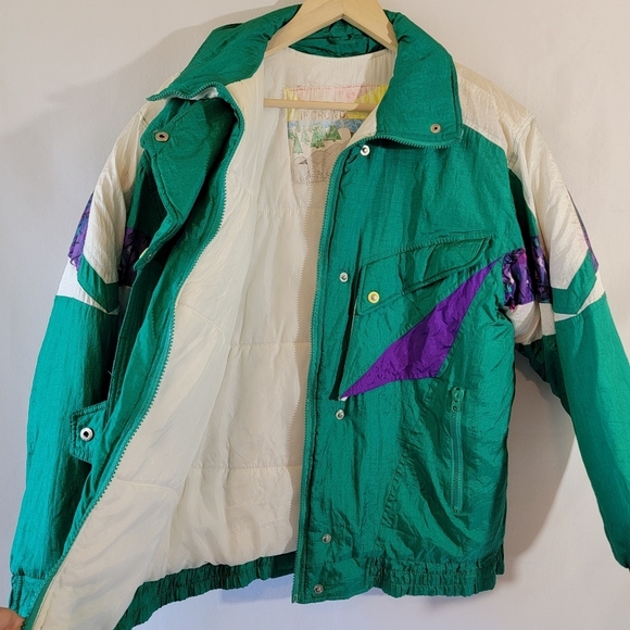 VTG FUDA Unisex Green Purple Color Block Bomber Jacket Sz M Outdoor Ski Full-Zip - Picture 8 of 12